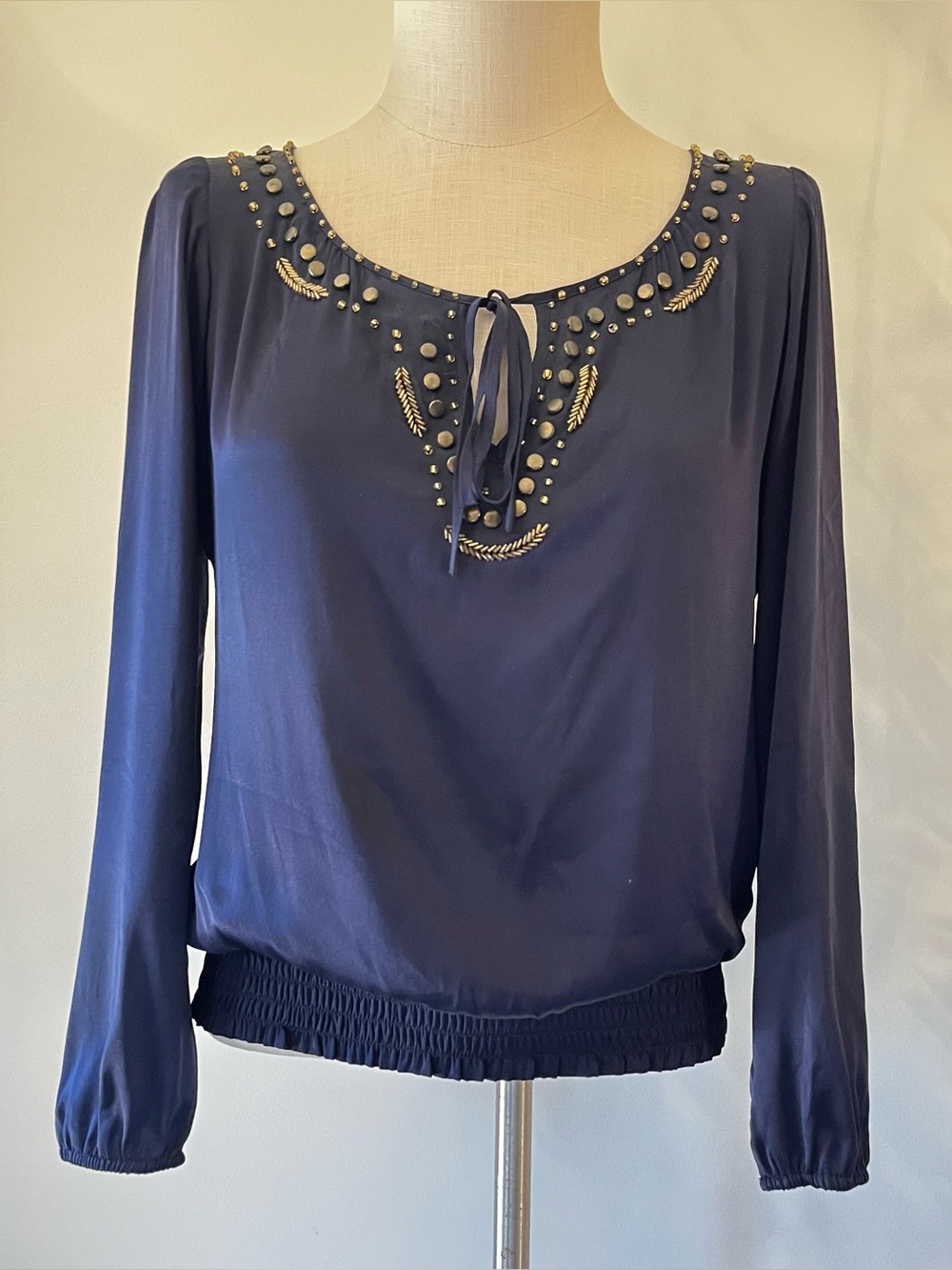 Vintage Caché Embellished metal bead Navy Long-Sleeve Blouse